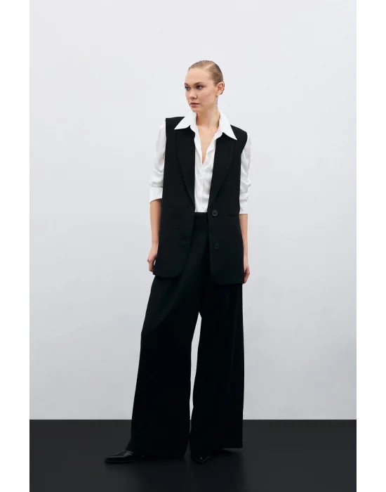 Yüksek Bel Bol Paça Pantolon - SİYAH