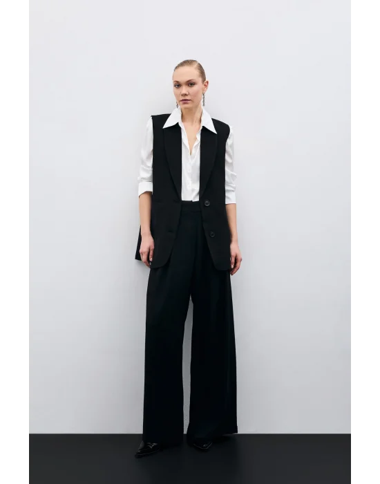 Yüksek Bel Bol Paça Pantolon - SİYAH