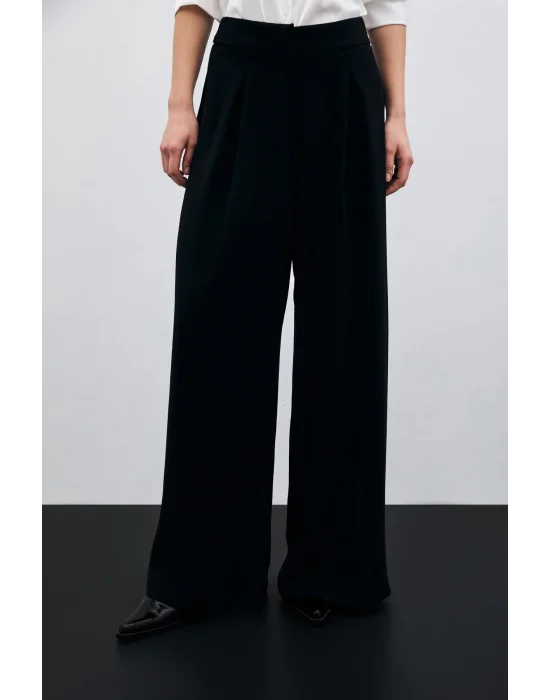 Yüksek Bel Bol Paça Pantolon - SİYAH