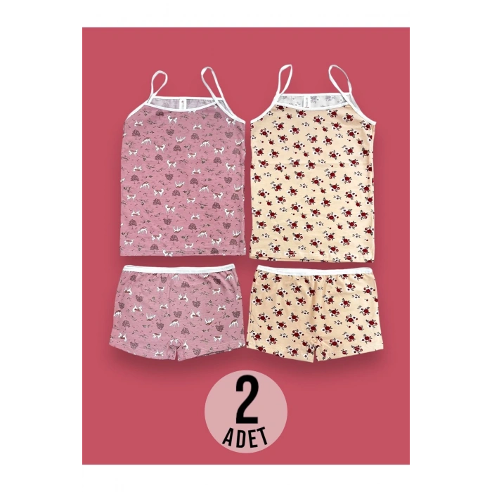 Desenli Kız Çocuk Atlet Boxer Takımı 2li