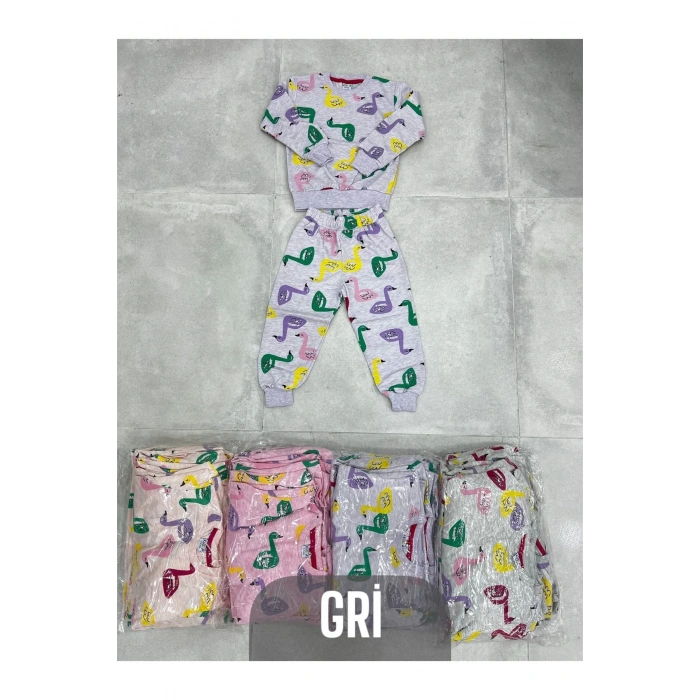 Renkli Kaz Desenli İki İplik Kız Çocuk Pijama Takımı