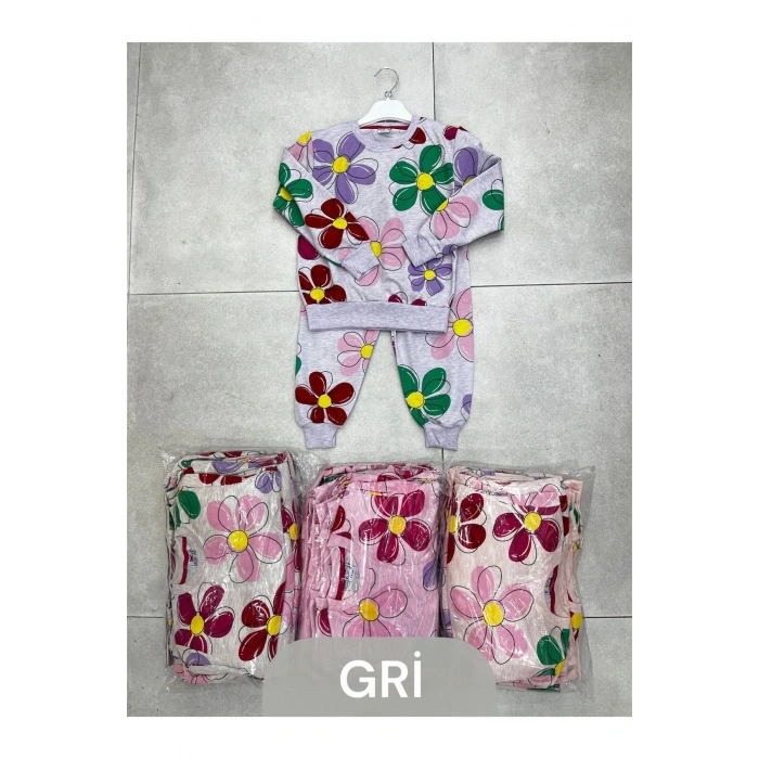 Renkli Çiçek Desenli İki İplik Kız Çocuk Pijama Takımı