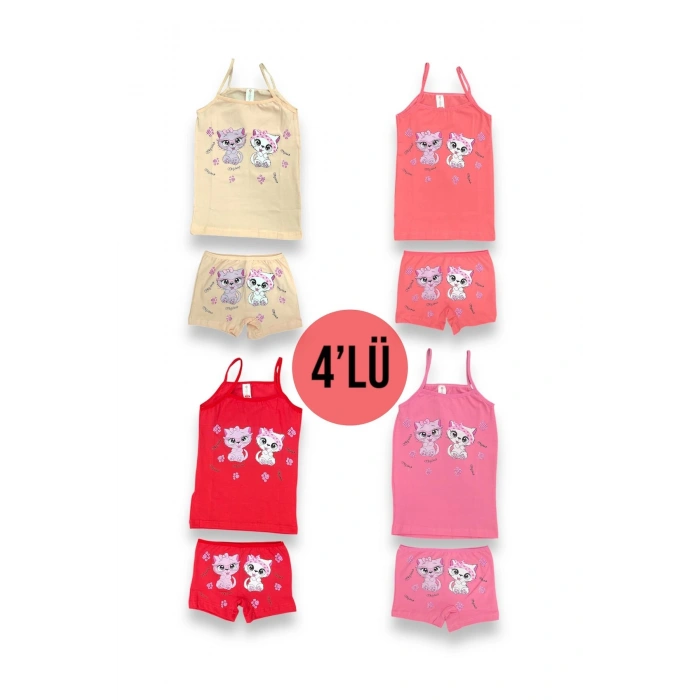 Sevimli Kedi Desenli Kız Çocuk Atlet Boxer Takım 4lü