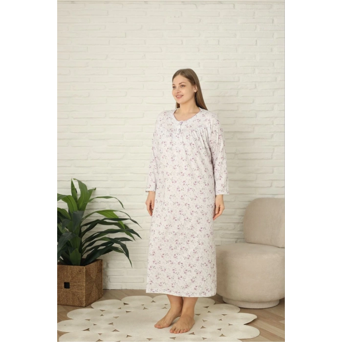 Uzun Kollu Çiçek Desenli Penye Anne Gecelik