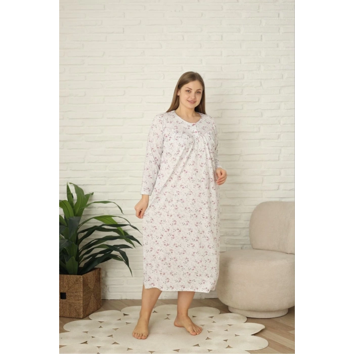 Uzun Kollu Çiçek Desenli Penye Anne Gecelik
