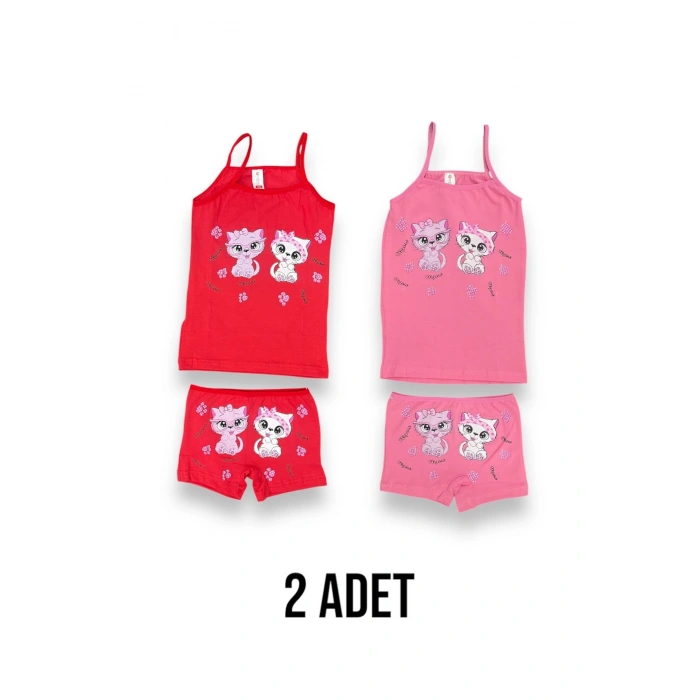 Sevimli Kedi Desenli Kız Çocuk Atlet Boxer Takım 2li