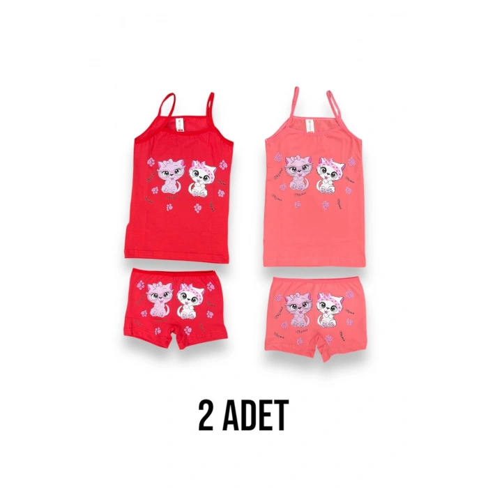 Sevimli Kedi Desenli Kız Çocuk Atlet Boxer Takım 2li