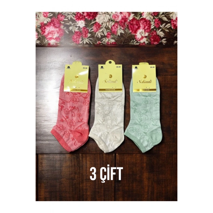 Pamuklu Kabartmalı Patik/Bilek/Kısa Kadın Çorap 3lü