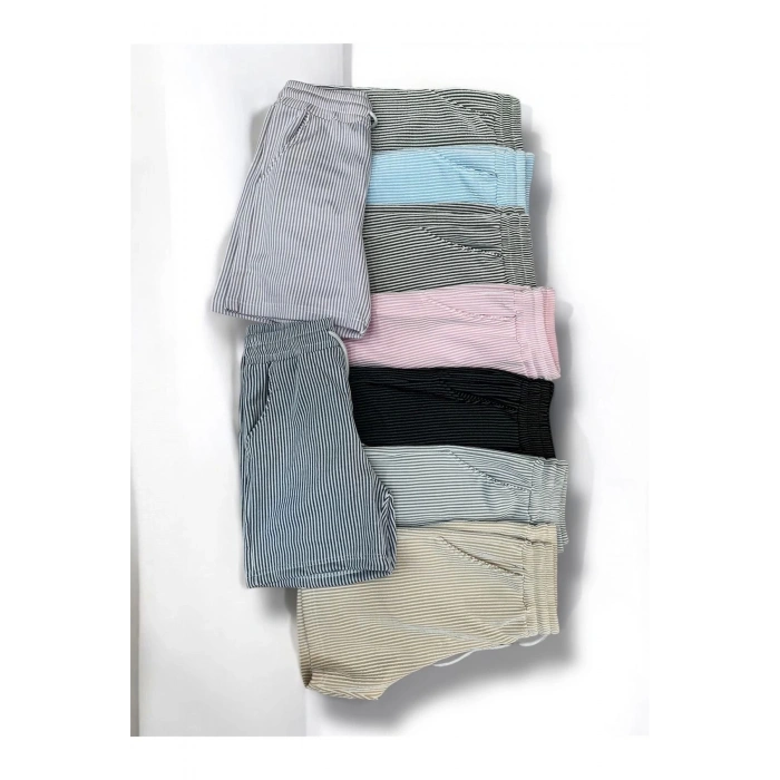 Çizgili Pamuklu Cepli Kadın Şort