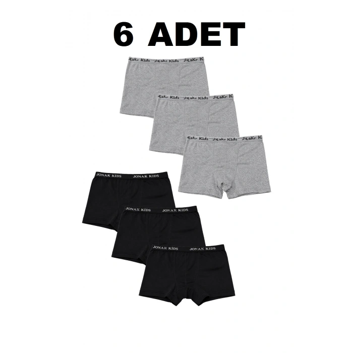 Pamuklu Likralı Erkek Çocuk Boxer 6lı Paket - Siyah & Gri