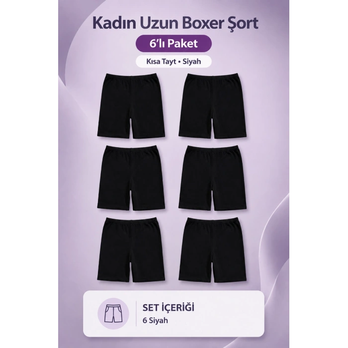 6lı Kadın Uzun Boxer Şort - Kısa Tayt - Siyah