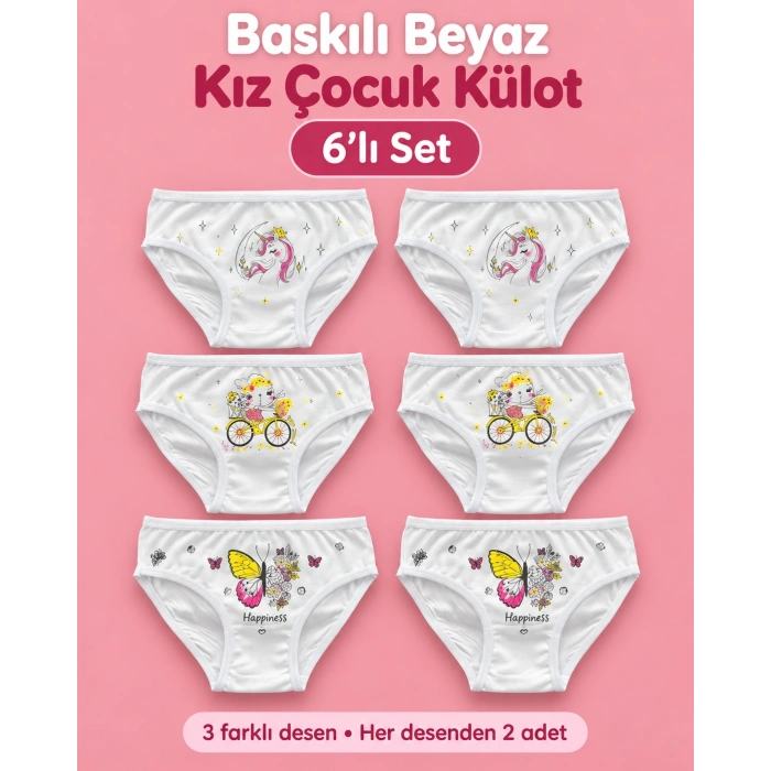 Baskılı Beyaz Kız Çocuk Külot 6lı