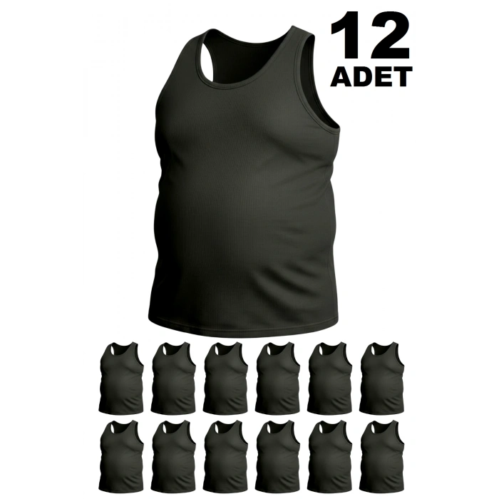 Büyük Beden Pamuklu Erkek Atleti 12li Paket - Siyah