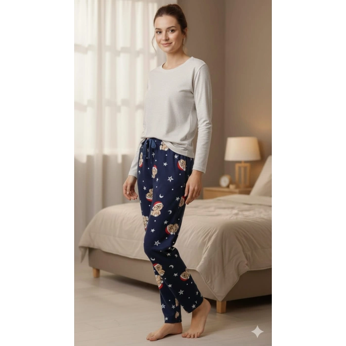 İpeksi Dokulu Süet Pijama Altı Şapkalı Ayıcıklı