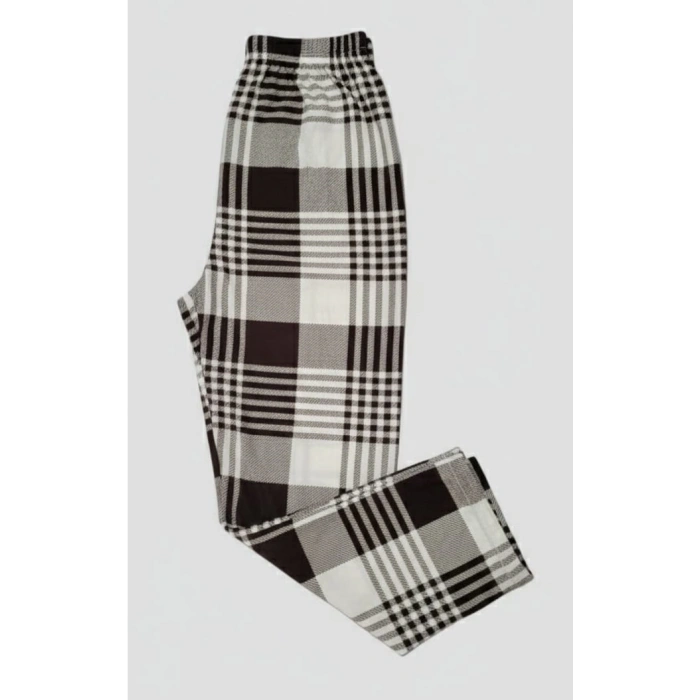 İpeksi Dokulu Süet Pijama Altı Krem Rengi Üzeri Kahverengi Ekoseli