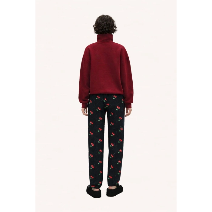 İpeksi Dokulu Süet Pijama Altı Lacivert Kiraz Desenli