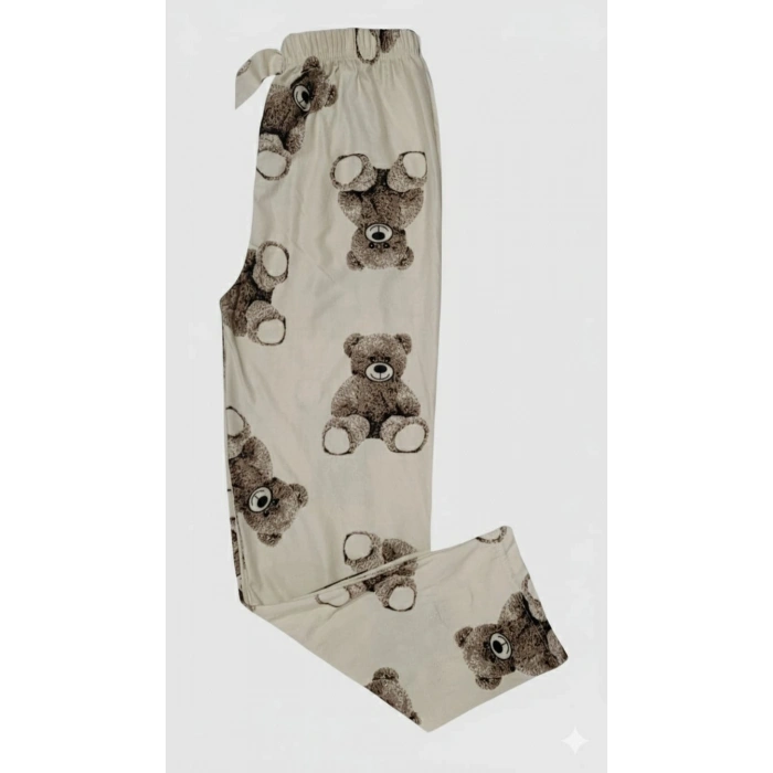 İpeksi Dokulu Süet Pijama Altı Krem Ayıcık Desenli