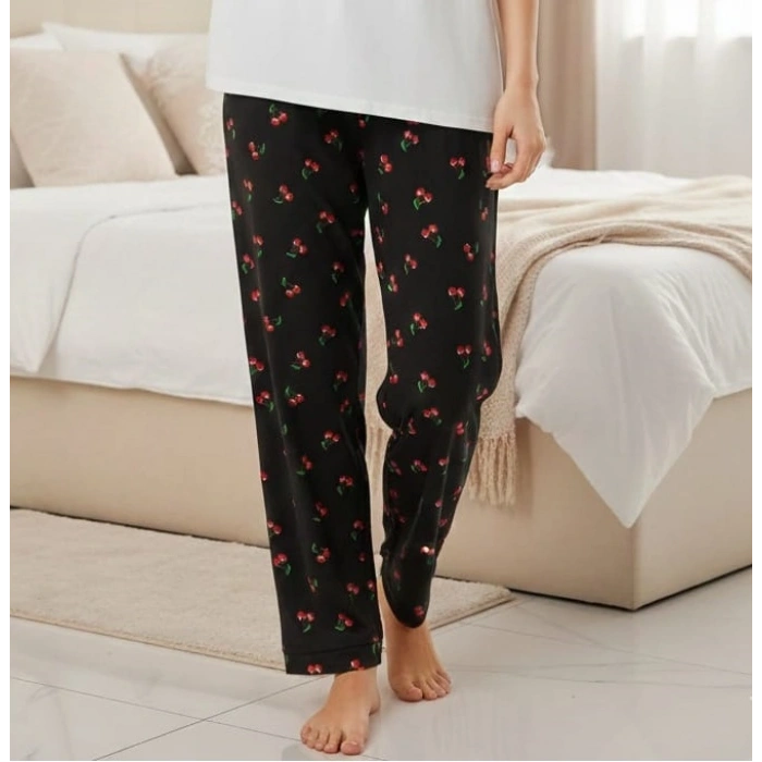 İpeksi Dokulu Süet Pijama Altı Lacivert Kiraz Desenli