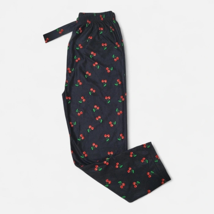 İpeksi Dokulu Süet Pijama Altı Lacivert Kiraz Desenli
