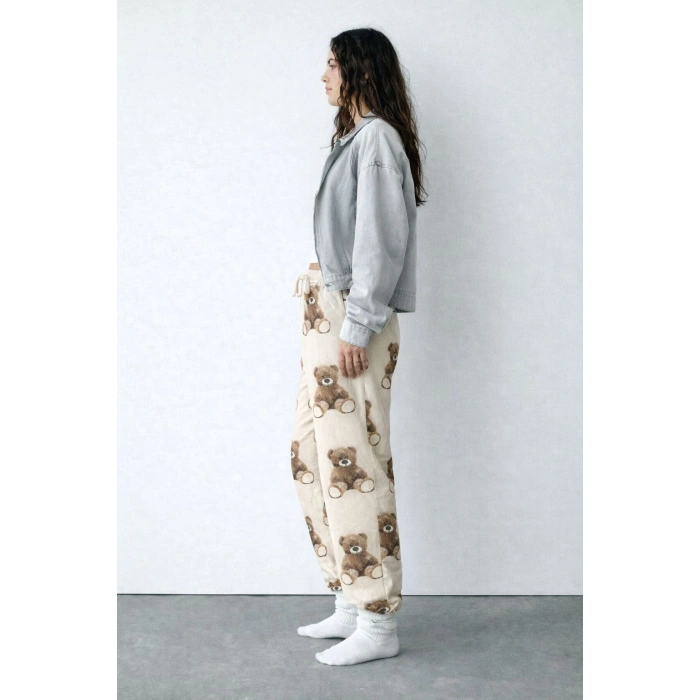 İpeksi Dokulu Süet Pijama Altı Krem Ayıcık Desenli