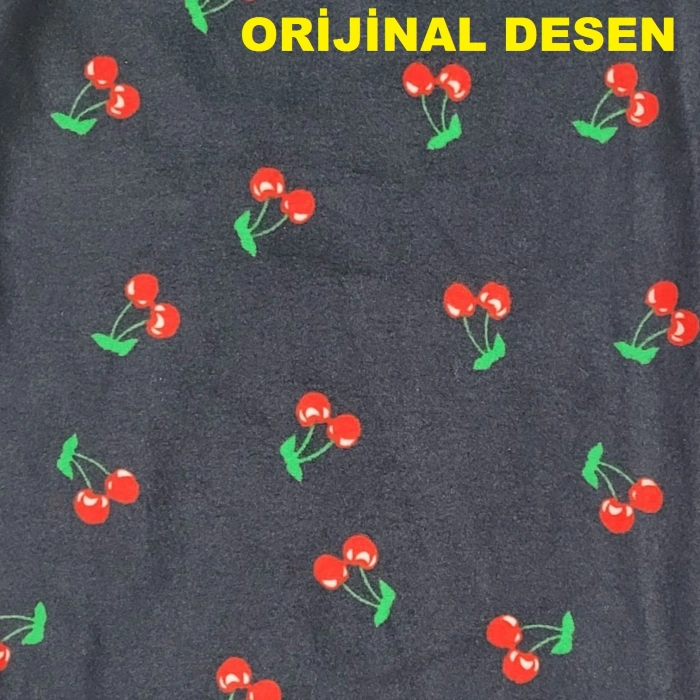 İpeksi Dokulu Süet Pijama Altı Lacivert Kiraz Desenli