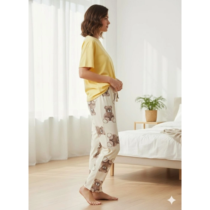 İpeksi Dokulu Süet Pijama Altı Krem Ayıcık Desenli