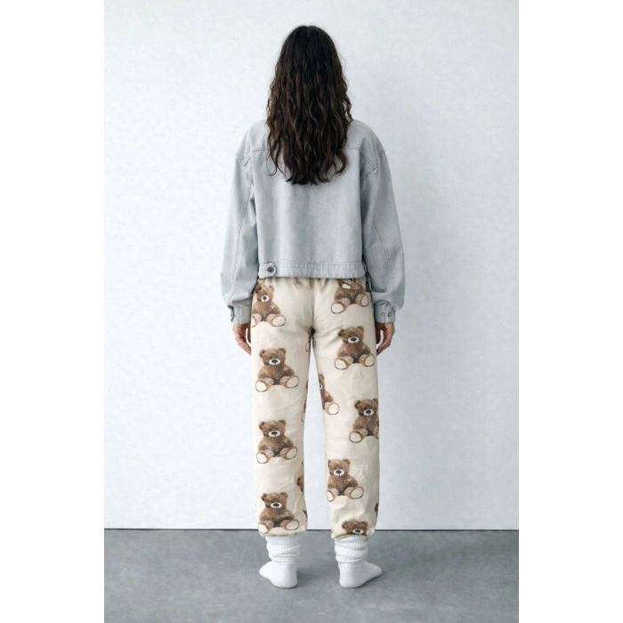 İpeksi Dokulu Süet Pijama Altı Krem Ayıcık Desenli