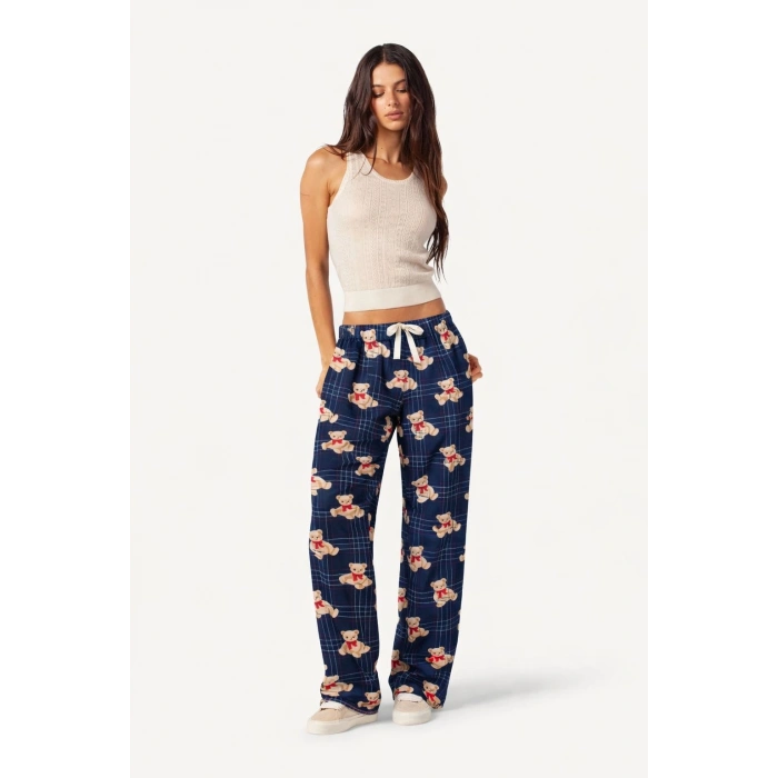 İpeksi Dokulu Süet Pijama Altı Lacivert Ayıcıklı Ekose