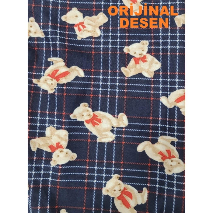 İpeksi Dokulu Süet Pijama Altı Lacivert Ayıcıklı Ekose