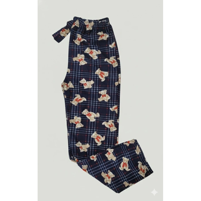 İpeksi Dokulu Süet Pijama Altı Lacivert Ayıcıklı Ekose