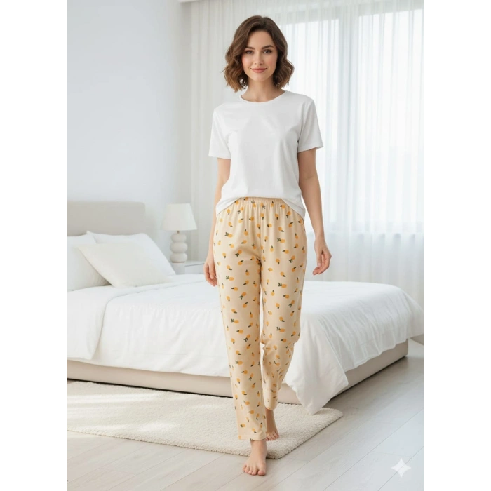 İpeksi Dokulu Süet Pijama Altı Limon Desenli