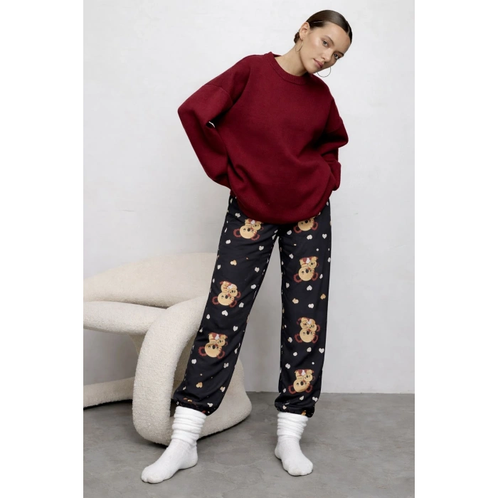 İpeksi Dokulu Süet Pijama Altı Siyah Koala Desenli