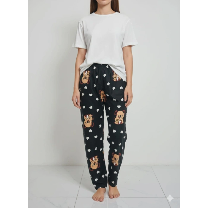 İpeksi Dokulu Süet Pijama Altı Siyah Koala Desenli