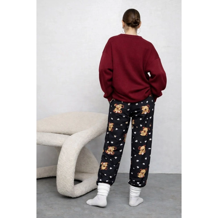 İpeksi Dokulu Süet Pijama Altı Siyah Koala Desenli