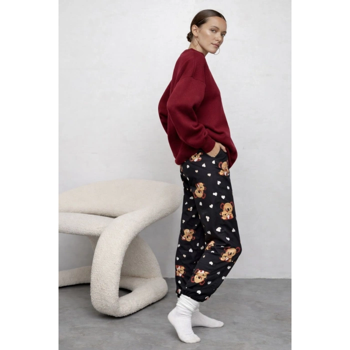 İpeksi Dokulu Süet Pijama Altı Siyah Koala Desenli