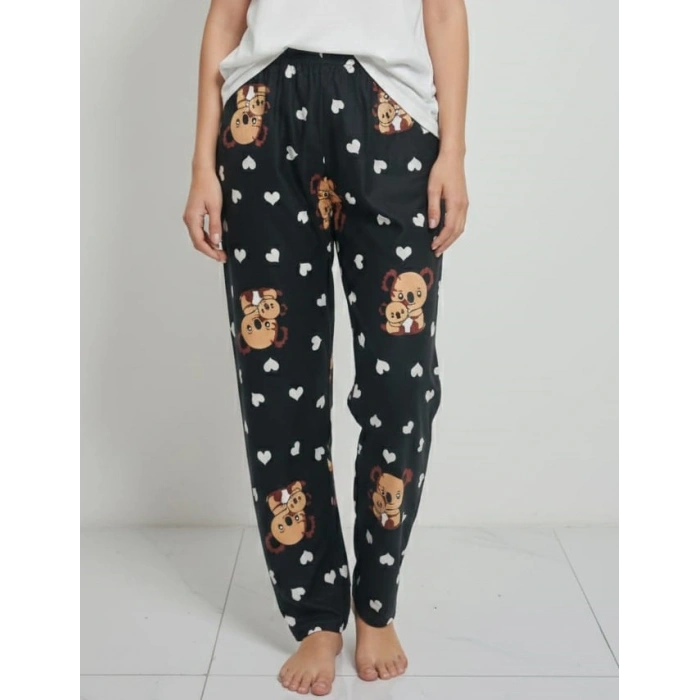 İpeksi Dokulu Süet Pijama Altı Siyah Koala Desenli