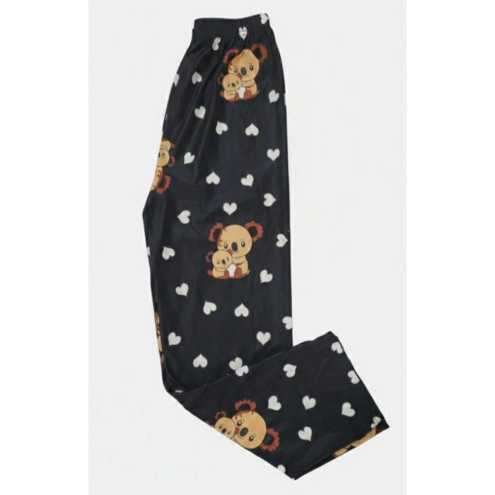 İpeksi Dokulu Süet Pijama Altı Siyah Koala Desenli