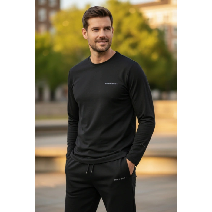 Kışlık Pamuklu Erkek Eşofman Pijama Takımı (Slim Fit - Düz Paça) Siyah