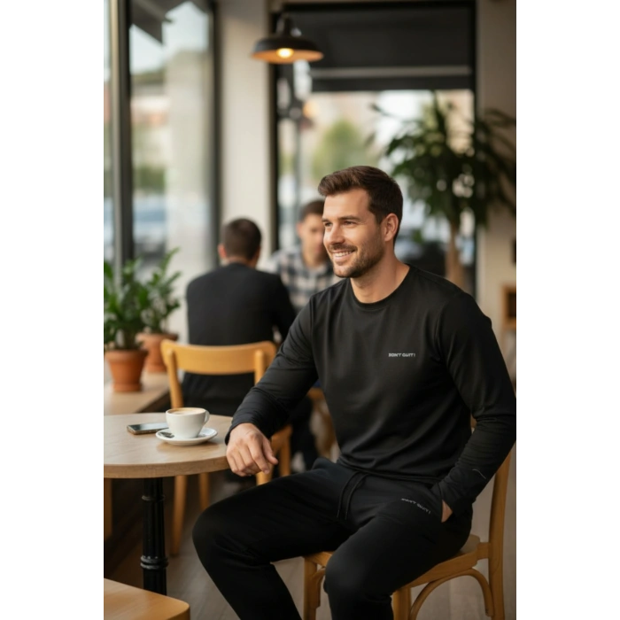 Kışlık Pamuklu Erkek Eşofman Pijama Takımı (Slim Fit - Düz Paça) Siyah