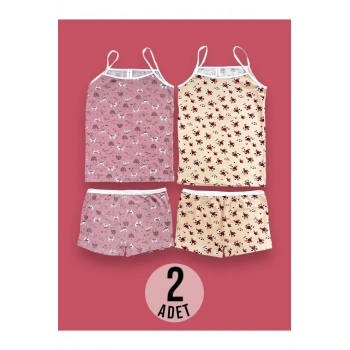 Desenli Kız Çocuk Atlet Boxer Takımı 2li