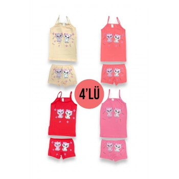 Sevimli Kedi Desenli Kız Çocuk Atlet Boxer Takım 4lü