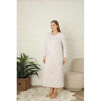 Uzun Kollu Çiçek Desenli Penye Anne Gecelik