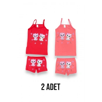 Sevimli Kedi Desenli Kız Çocuk Atlet Boxer Takım 2li