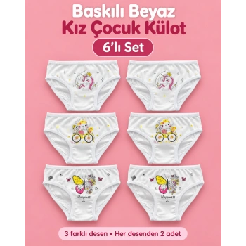 Baskılı Beyaz Kız Çocuk Külot 6lı
