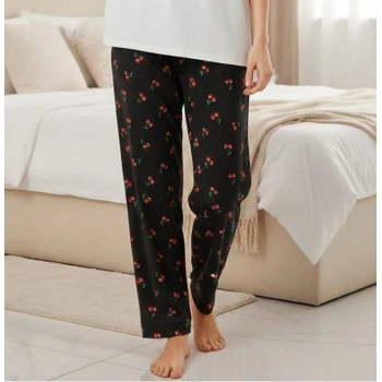 İpeksi Dokulu Süet Pijama Altı Lacivert Kiraz Desenli