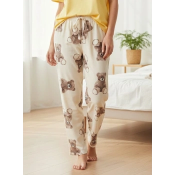 İpeksi Dokulu Süet Pijama Altı Krem Ayıcık Desenli