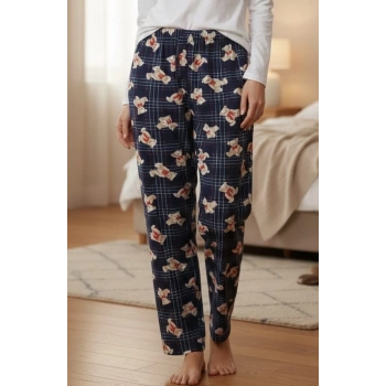 İpeksi Dokulu Süet Pijama Altı Lacivert Ayıcıklı Ekose