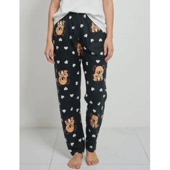 İpeksi Dokulu Süet Pijama Altı Siyah Koala Desenli