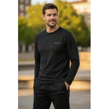 Kışlık Pamuklu Erkek Eşofman Pijama Takımı (Slim Fit - Düz Paça) Siyah