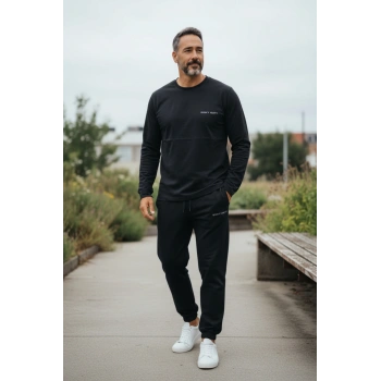 Slim Fit - Lastikli Paça Kışlık Pamuklu Erkek Eşofman Pijama Takımı - Siyah